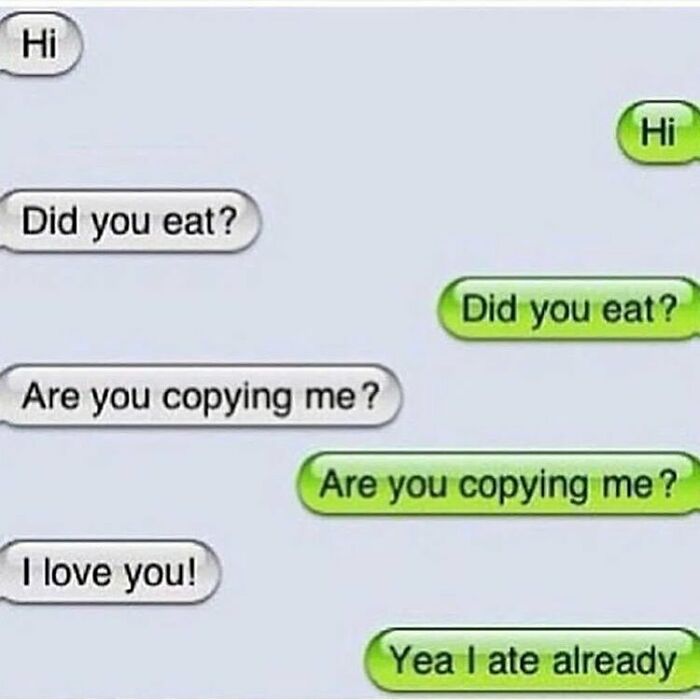 Funny texts conversation with repeated messages and playful copying between two people in a casual chat.