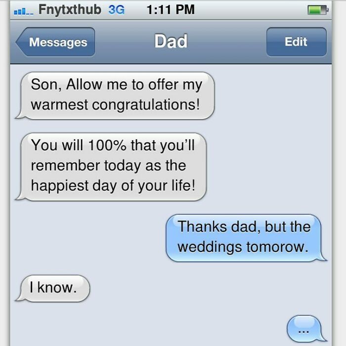 Text conversation between dad and son showing a funny message mix-up, part of funny texts and real conversations collection.