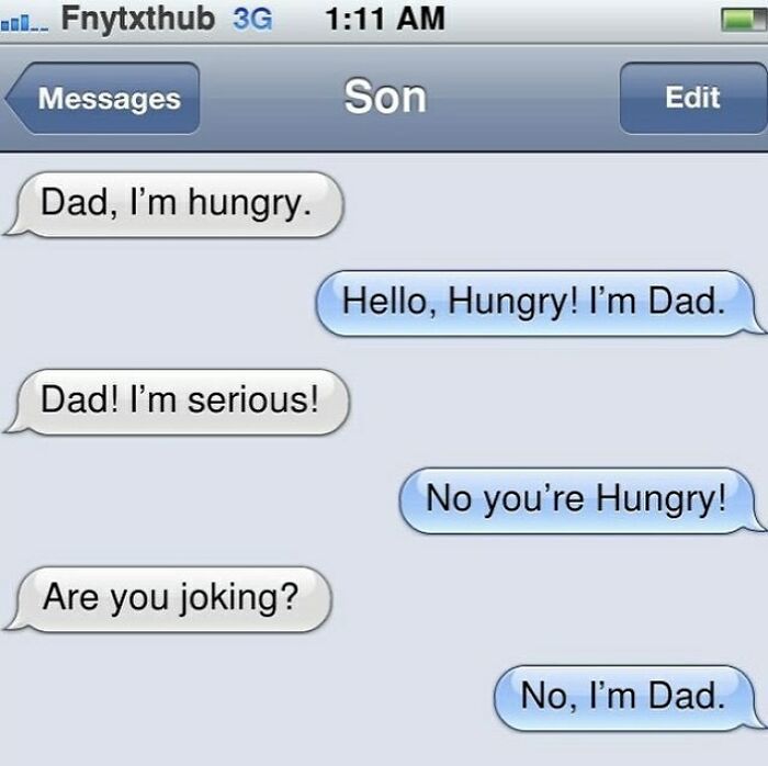Text message conversation showing a funny dad joke, illustrating one of 45 funny texts in real or fake conversations.