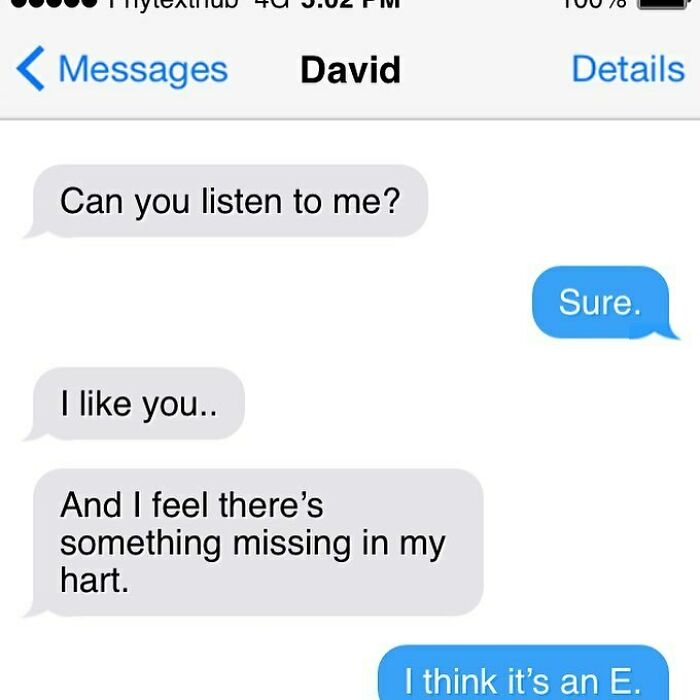 Funny text conversation screenshot with playful misunderstanding about missing letters in a message thread.