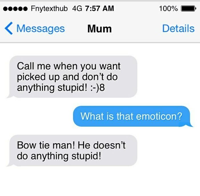 Funny text conversation between mum and child about a misunderstood emoticon in a humorous real or fake chat.