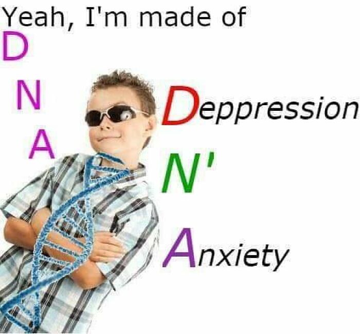 Young boy in sunglasses with DNA graphic, humorously referencing depression and anxiety in medical memes for doctors and patients.