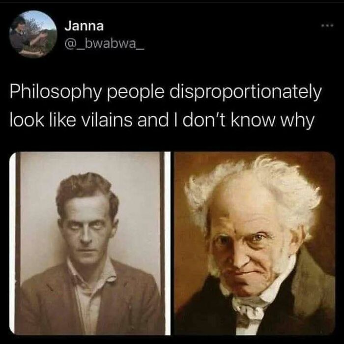 Meme comparing philosophy people to villains with two old portraits, reflecting on existential crisis humor and philosophy memes.