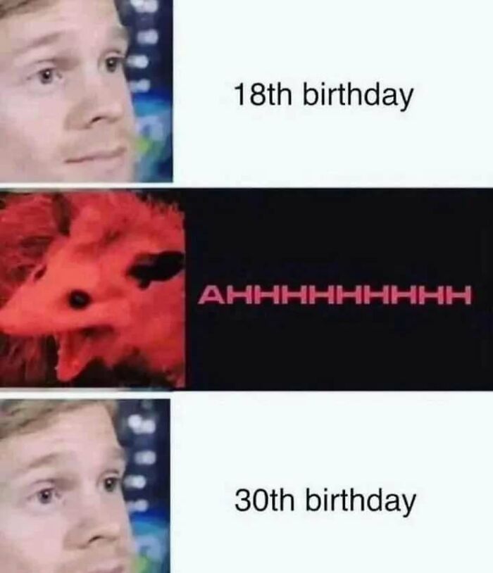 Man reacting calmly to 18th and 30th birthdays contrasted with a screaming animal meme about existential crisis feelings.