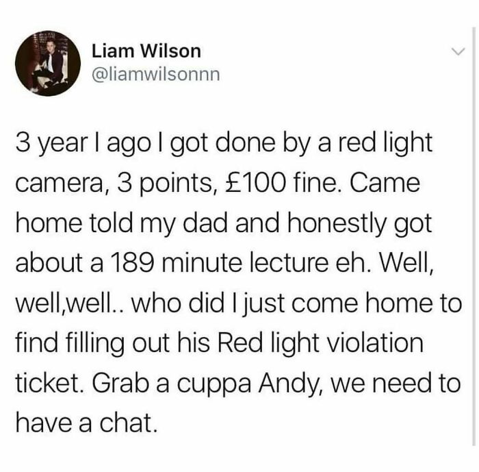 Text meme about a red light camera fine and a humorous British-style family lecture on traffic violations.
