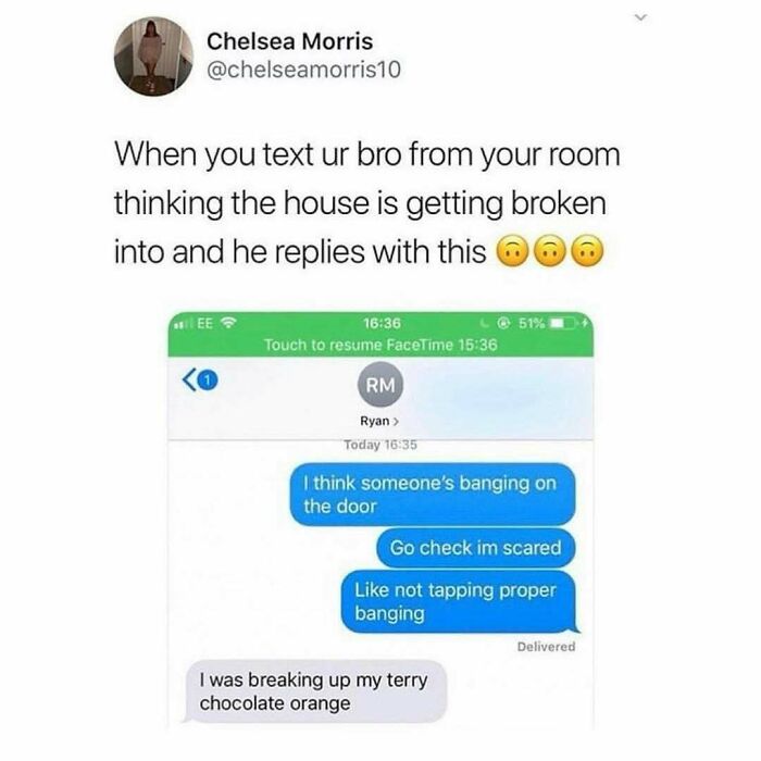 Text message meme showing a humorous misunderstanding, featuring British humor about breaking chocolate, highlighting British humor memes.