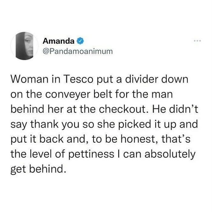 Tweet about British humor involving a Tesco checkout divider and a petty but relatable reaction.