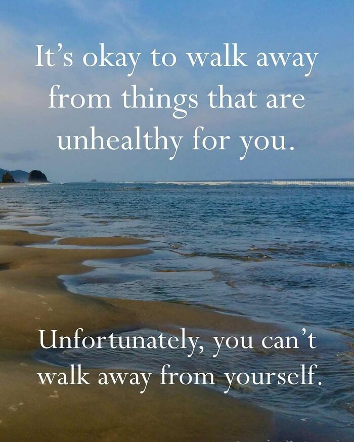 Beach scene with anti-motivational affirmations about walking away from unhealthy things and self-reflection.