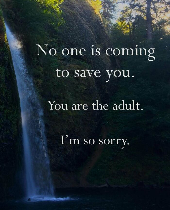 Waterfall in a forest with anti-motivational affirmations about self-reliance and adult responsibilities, fitting anti-motivational affirmations theme.