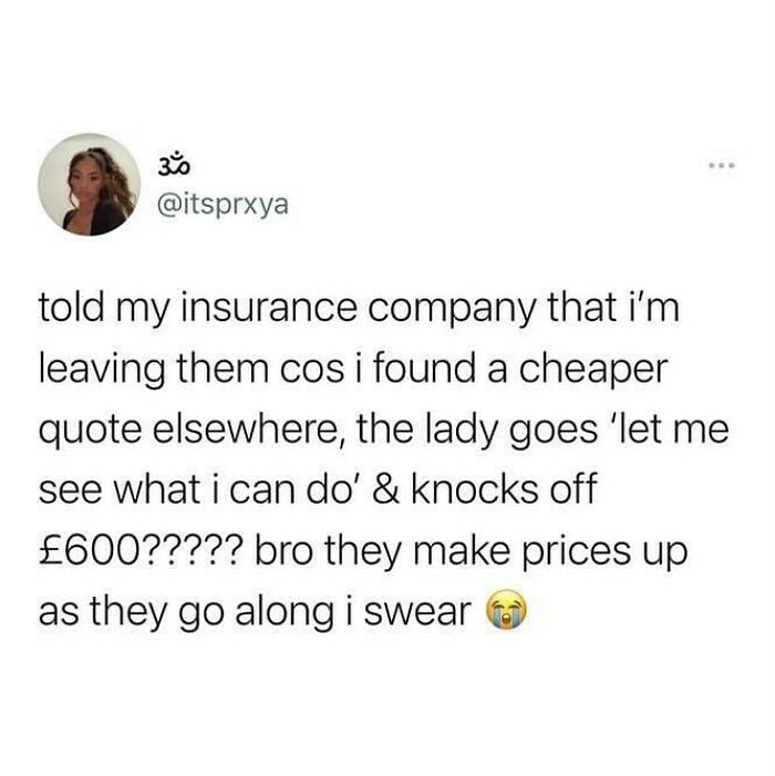 Tweet about negotiating insurance prices humorously, reflecting British humor in everyday situations with unexpected savings.