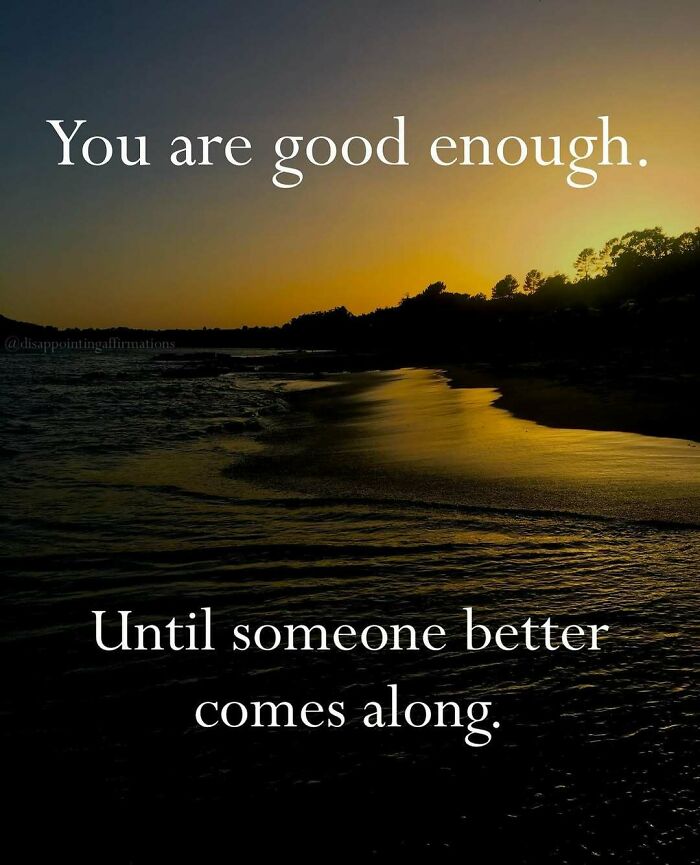 Sunset beach scene with anti-motivational affirmation text about self-worth and relatable anti-motivational affirmations message.