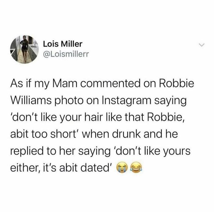 Humorous British meme about a witty Instagram exchange involving hair comments and playful insults.