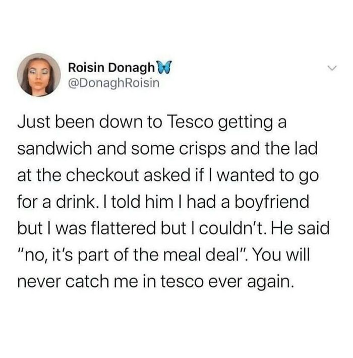 British humor meme about a Tesco checkout lad offering a drink as part of a meal deal, causing surprise and amusement.