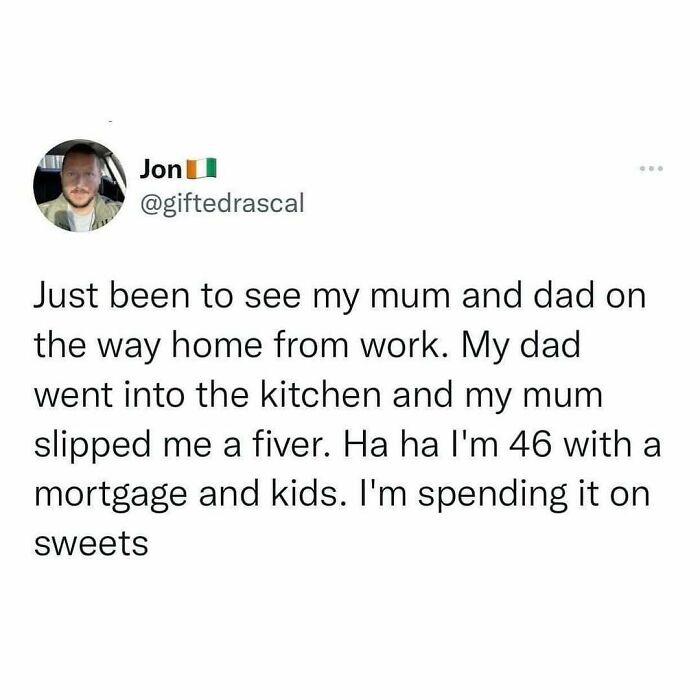 Twitter post about British family humor involving receiving money from mum and dad, fitting British humor memes theme.