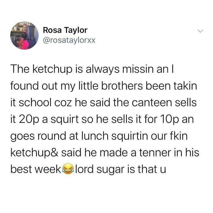 Screenshot of a British humor meme about a clever schoolboy selling ketchup squirts for profit at lunch.