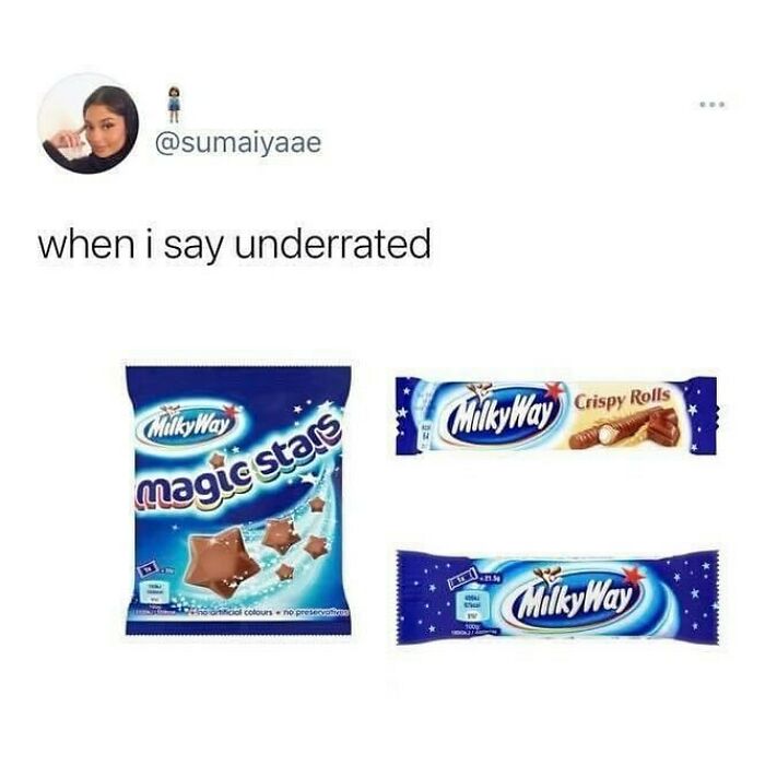 Social media meme showing underrated Milky Way Magic Stars candy, highlighting classic British humor and snack nostalgia.