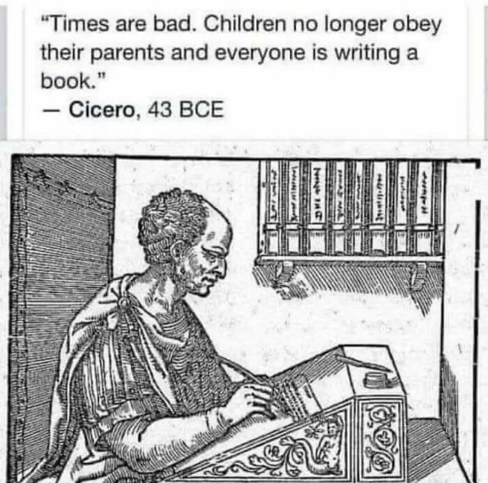 Vintage illustration of Cicero writing at a desk with a quote, fitting memes for existential crisis humor.