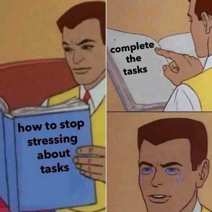 Man reading a book about how to stop stressing about tasks and then feeling emotional, reflecting memes and existential crisis themes.