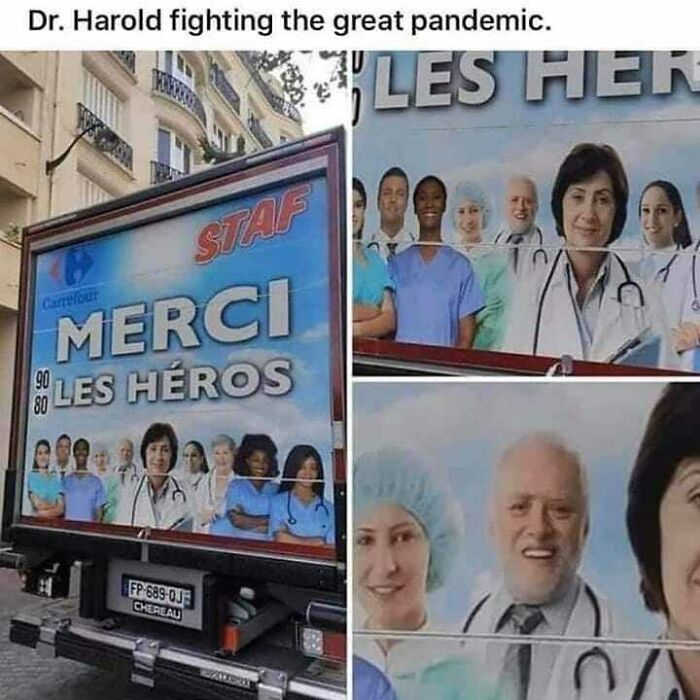 Truck billboard showing diverse doctors and nurses with a hidden elderly man’s face among them, highlighting tired medical staff memes.