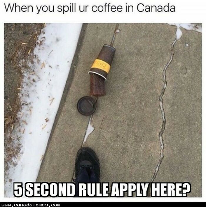 Spilled coffee on snowy Canada sidewalk with humorous text about the five-second rule in Canada memes.