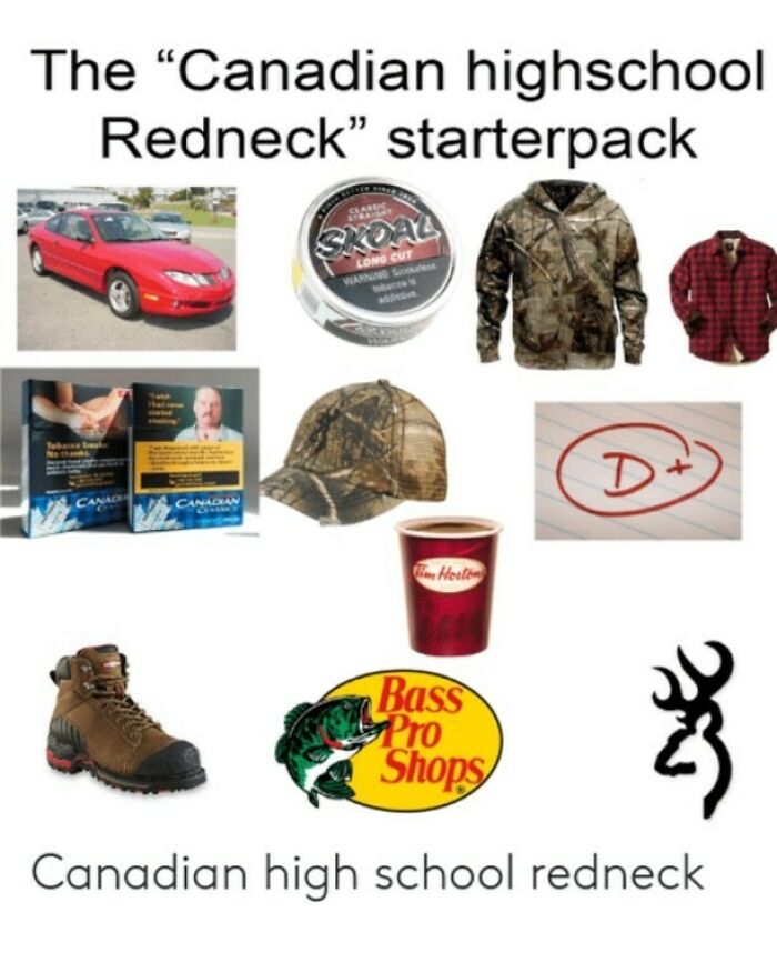 Canadian memes starter pack featuring hunting gear, Tim Hortons coffee, tobacco, and outdoor brand logos.