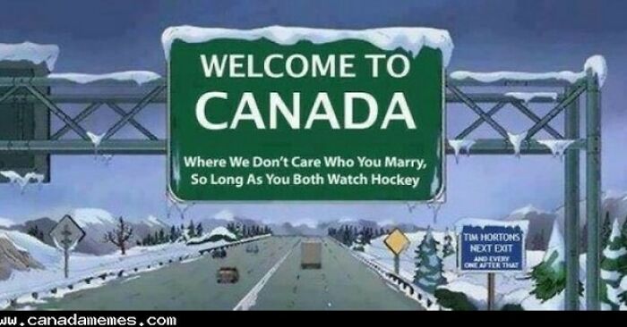 Welcome to Canada highway sign meme highlighting Canadian hockey culture and Tim Hortons, a popular Canadian coffee chain.