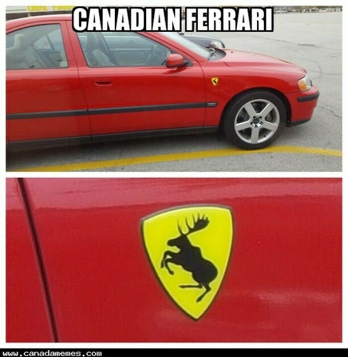 Red sedan car with a funny Canadian Ferrari emblem featuring a moose, a popular meme from Canada memes and poutine humor.