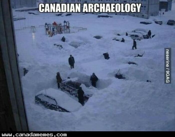 People digging through heavy snow-covered cars and ground, illustrating Canadian memes about extreme winter conditions.