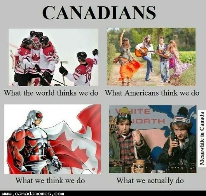 Canadian memes showing hockey, folk dancing, superhero pride, and casual life, capturing hilarious Canada meme humor and poutine cravings.