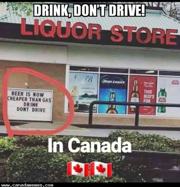 Liquor store sign in Canada humorously warns that beer is cheaper than gas with drink don't drive message.