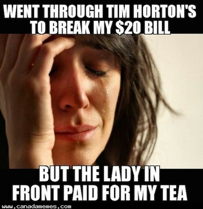 Woman wiping a tear, reacting to a funny Canada meme about Tim Hortons and unexpected kindness with tea payment.