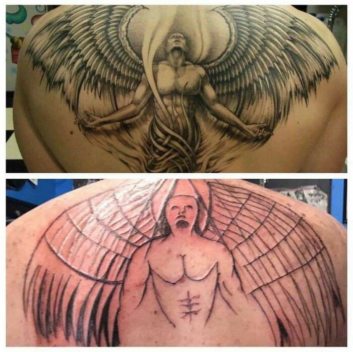 Comparison of detailed angel tattoo vs ink fail of a poorly executed angel tattoo on back, showcasing ink fails.