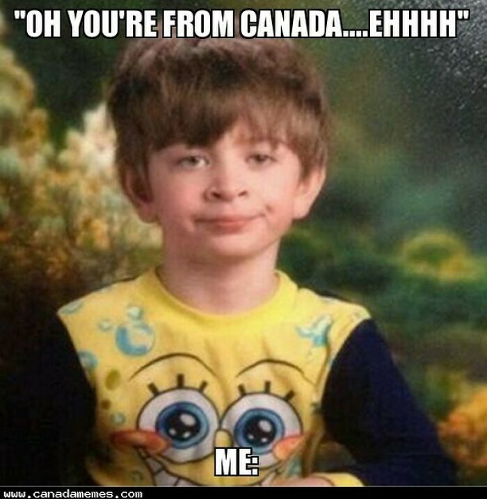 Boy in a SpongeBob shirt making a skeptical face, representing funny Canada memes about Canadian culture and poutine cravings.