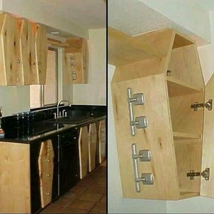 Awkward home design disasters showing warped kitchen cabinets with impractical aesthetics and unusual shapes.