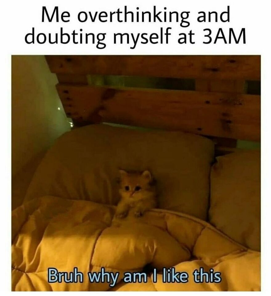 Kitten lying in bed under blanket with text about overthinking and doubting at 3AM in funny cat meme style.