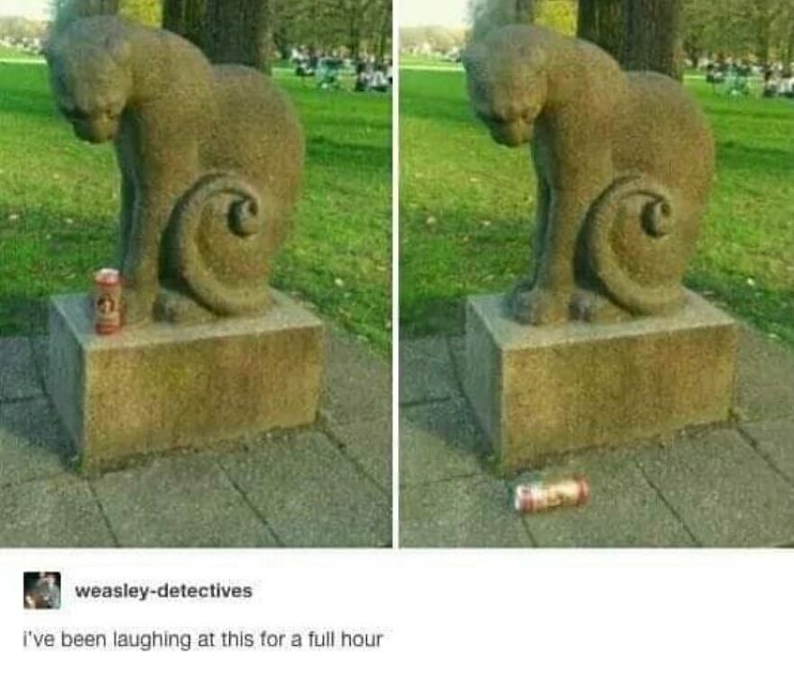 Stone cat statue with a curled tail appears to knock over a can, funny cat memes combining humor and cats from the internet.