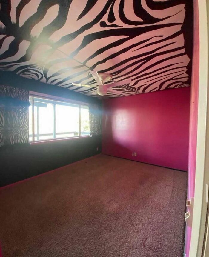 Empty room with zebra-striped ceiling and bright pink walls showcasing home design disasters and poor aesthetics.