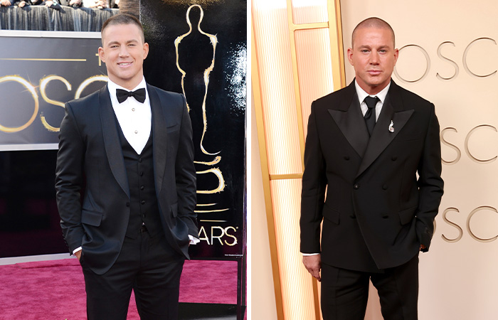 Actor Channing Tatum in tuxedos at the Oscars, showing then and now comparison of Academy Awards appearances.