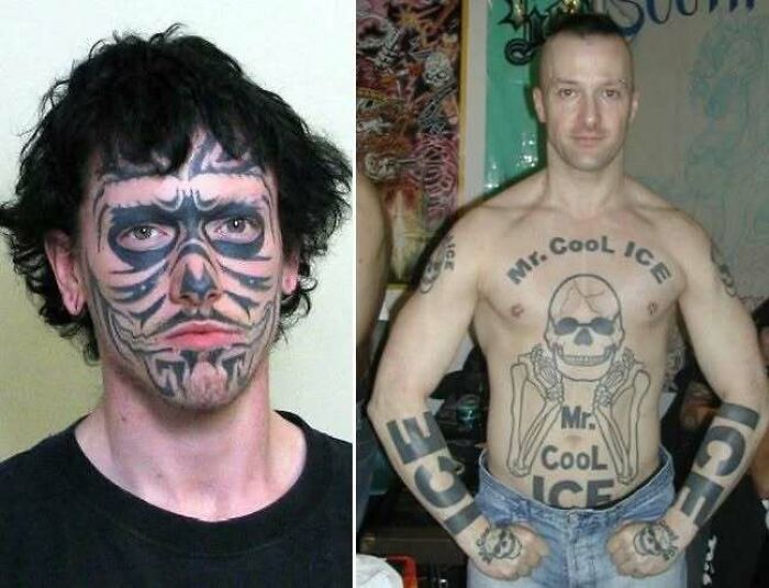 Two men showing extreme ink fails with full face and body tattoos spelling ICE and skull designs, illustrating tattoo regrets.