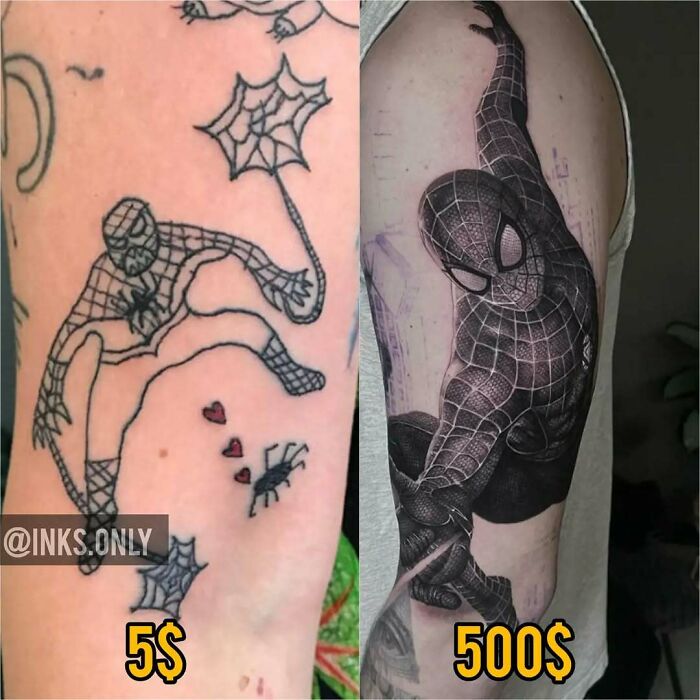Comparison of ink fails and professional tattoos showing extreme differences in quality and detail.