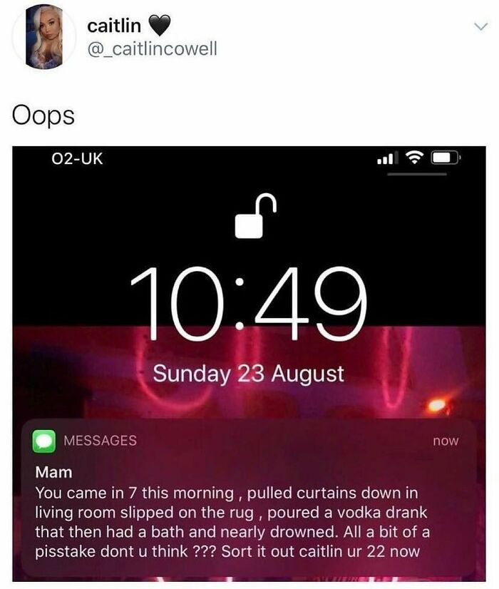 Screenshot of a British humor meme showing a text from a mom describing a morning mishap at 10:49 AM.