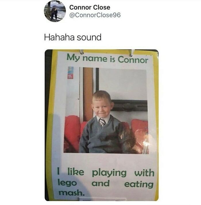 Twitter post showing a child named Connor sharing a humorous school project, perfect for fans of British humor memes.