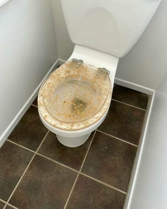 Toilet with a transparent seat cover filled with gold flakes, showcasing a home design disaster lacking both sense and aesthetic appeal.