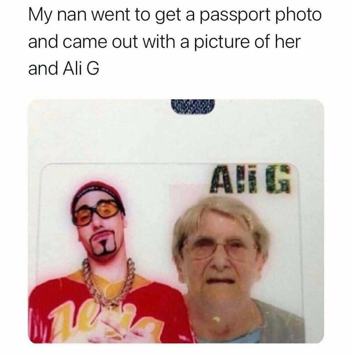 Elderly woman with glasses appears in a humorous British humor meme alongside a character dressed as Ali G.