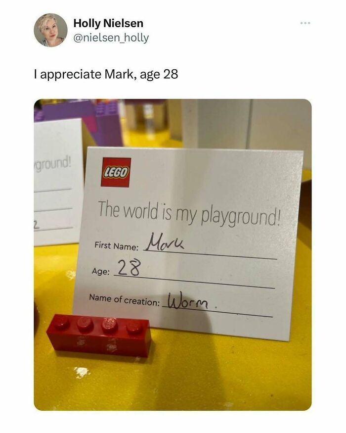 Lego creation labeled worm by Mark age 28 with playful caption, fitting memes for those who love British humor.