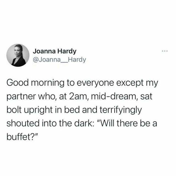 Tweet humor about a partner shouting at 2am asking about a buffet, showcasing British humor memes online.