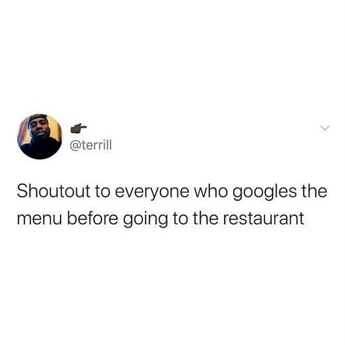 Humorous social media post about googling the menu before dining, reflecting British humor memes online.