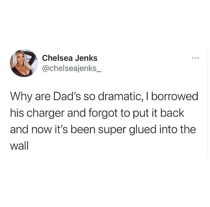 Tweet about borrowing a dad's charger, leading to it being super glued to the wall, showcasing British humor memes.