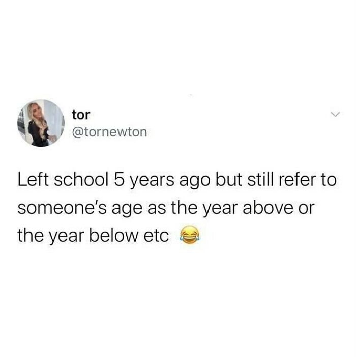 Social media post joking about referring to age as school years above or below in British humor memes.