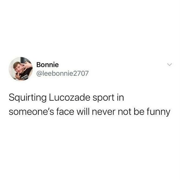 Social media post joking about squirting Lucozade sport in someone's face, reflecting British humor memes.
